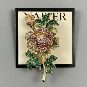 Napier Blooming Rose Flower Pin Brooch Pink Gold Tone Pave Crystals 2.50"  New